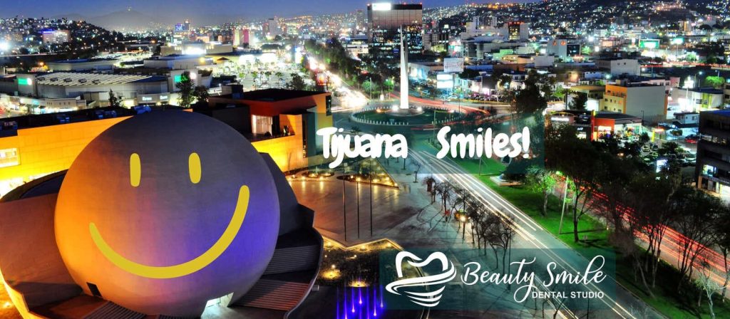 Tijuana cityscape with Beauty Smile Dental Studio logo and the text "Tijuana Smiles," emphasizing affordable dental care.